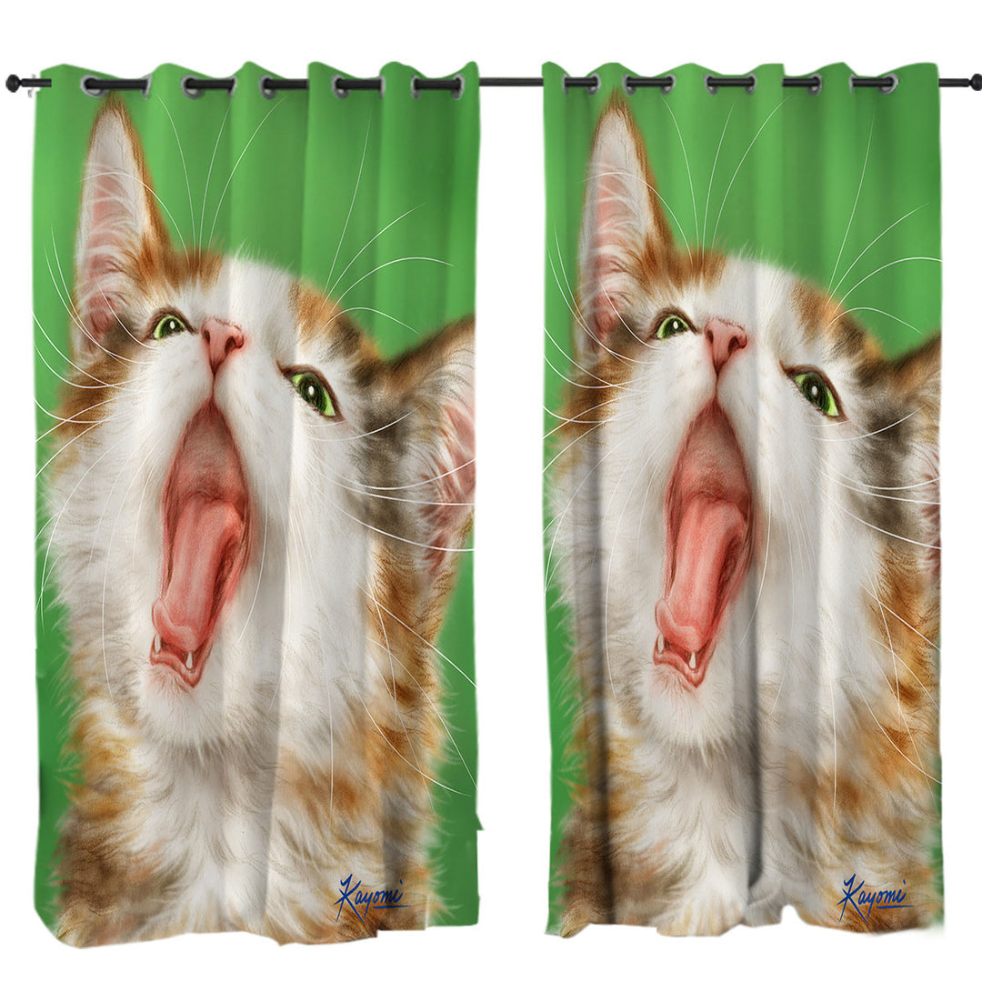 Yawning Cute Kitten Artwork Painted Cats Curtains for Living Room