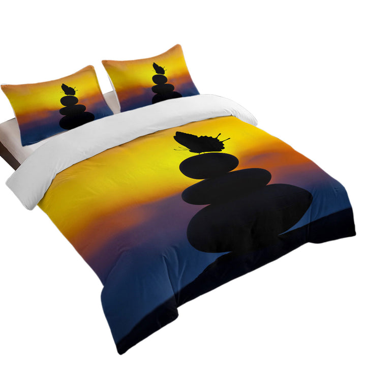 Yoga Balancing Stones and Butterfly Silhouette Duvet Cover