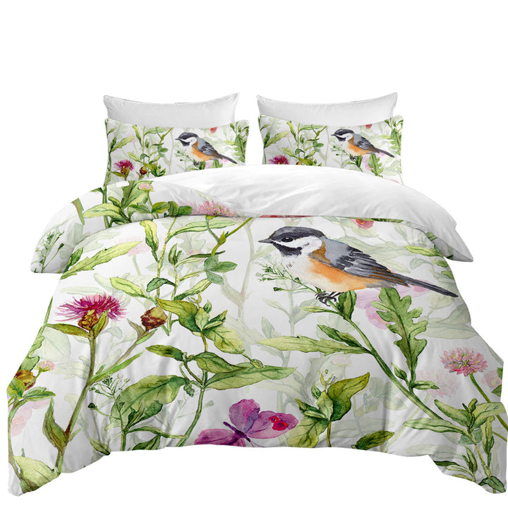full Size Duvet Cover with Art Painting Bird and Butterflies with Flowers
