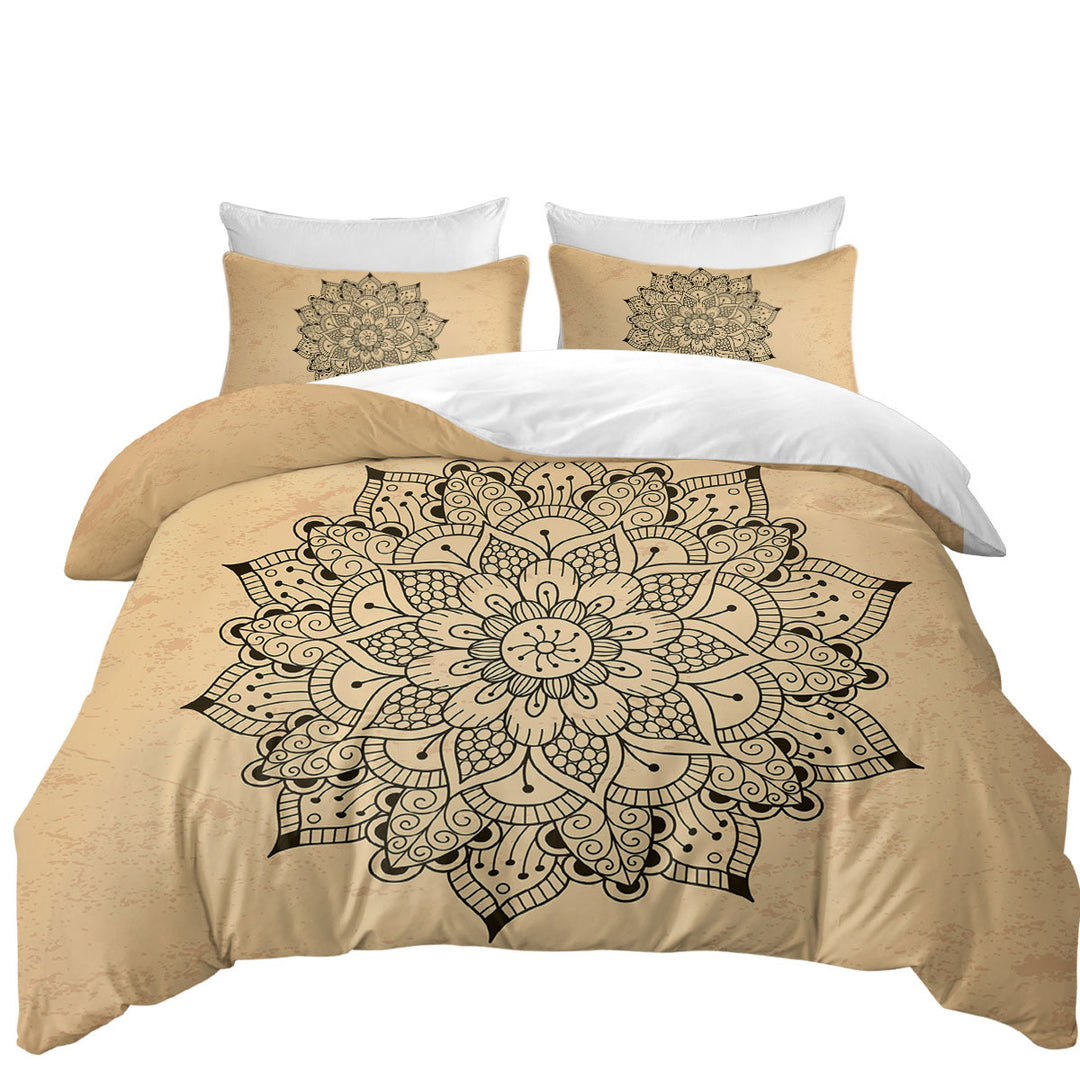 full Size Duvet Cover with Black Mandala over Light Tan