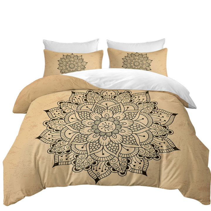 full Size Duvet Cover with Black Mandala over Light Tan