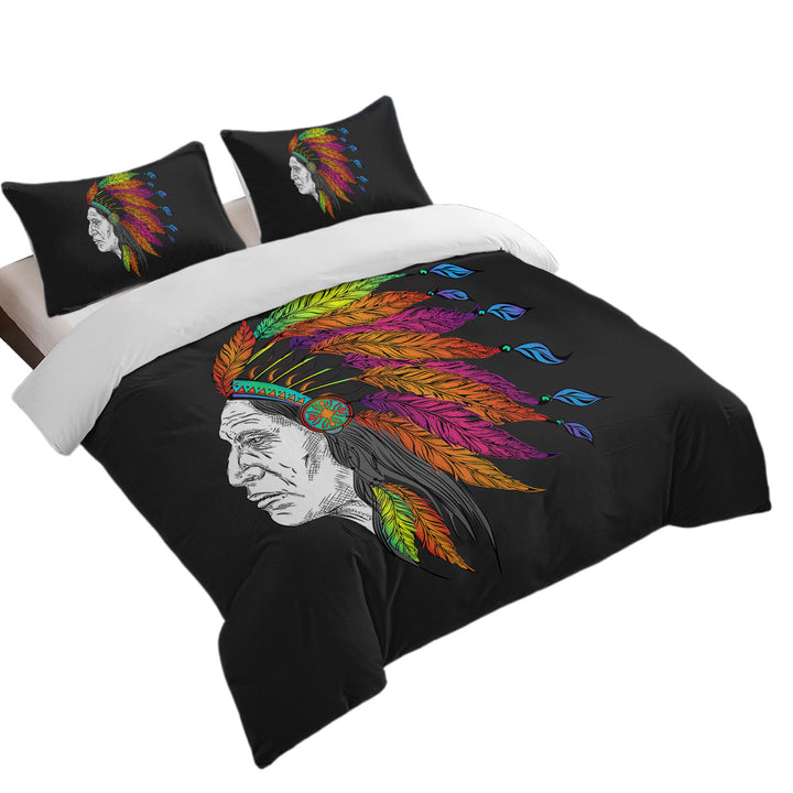 full Size Duvet Cover with Colorful Feathers on a Tough Native American Chief