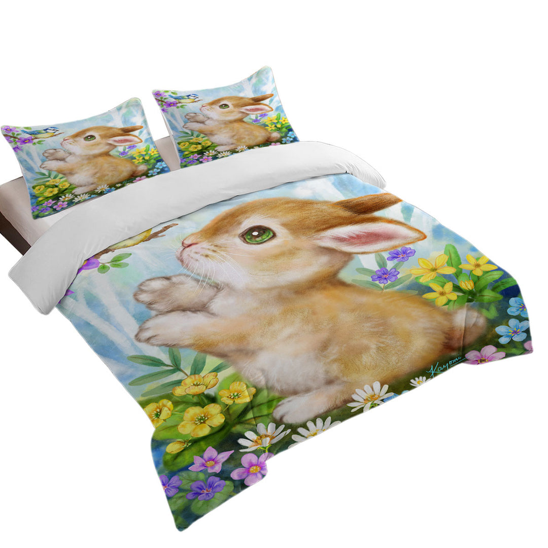 full Size Duvet Cover with Cute Children Art Designs Flowers Bunny and Bird