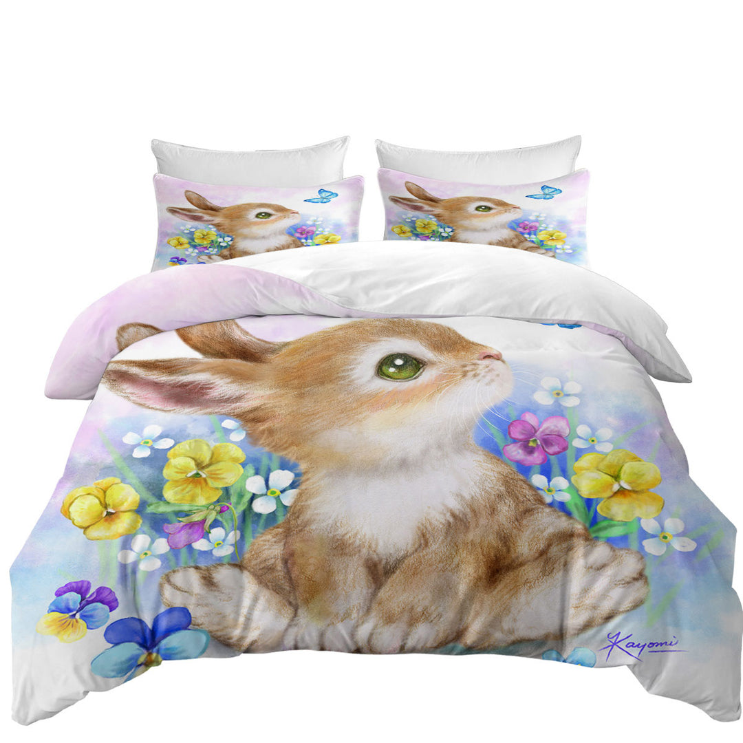 full Size Duvet Cover with Cute Children Art Designs Flowers Bunny and Butterfly