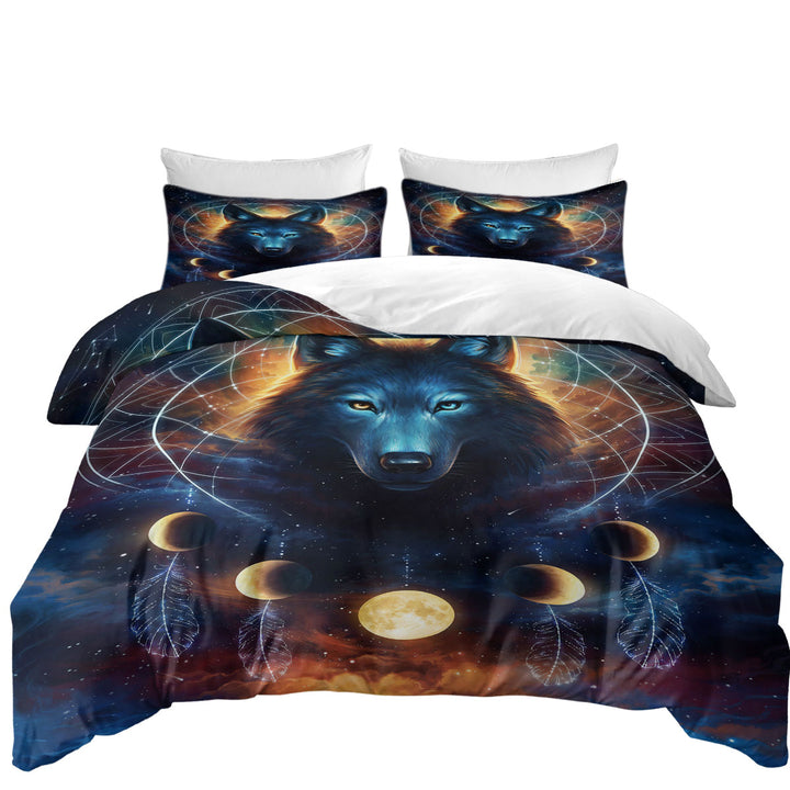 full Size Duvet Cover with Dreamcatcher Space Moon Wolf