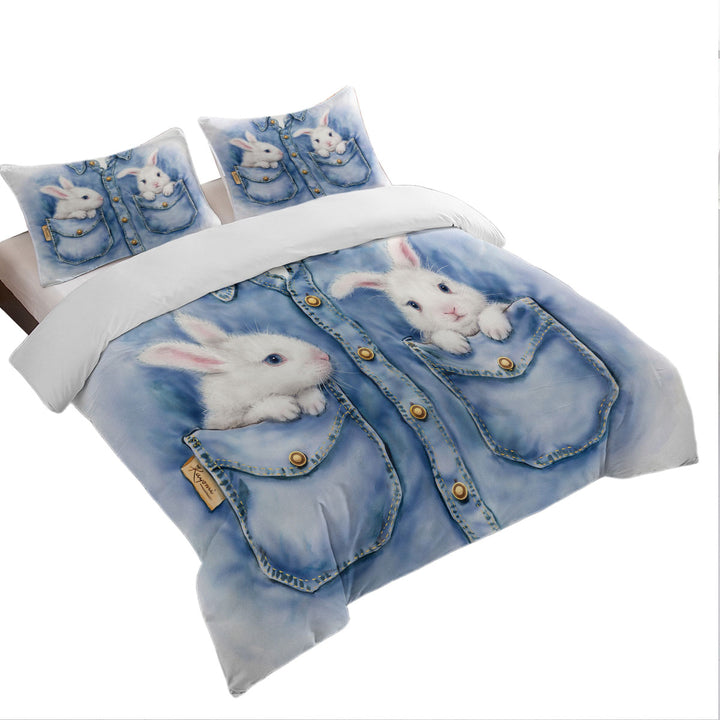 full Size Duvet Cover with Kids Adorable Animal Drawings Pocket Bunnies