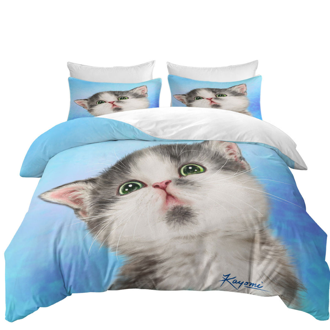 full Size Duvet Cover with Lovely Grey White Kitten for Children