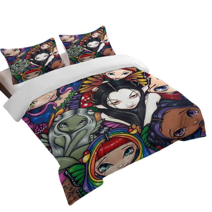 full Size Duvet Cover with Multi Colored Fantasy Art Fairy Group Portrait
