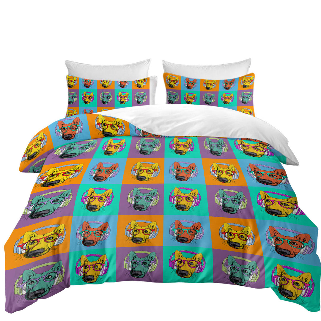 full Size Duvet Cover with Panel of Multi Colored Cool Hipster Dog