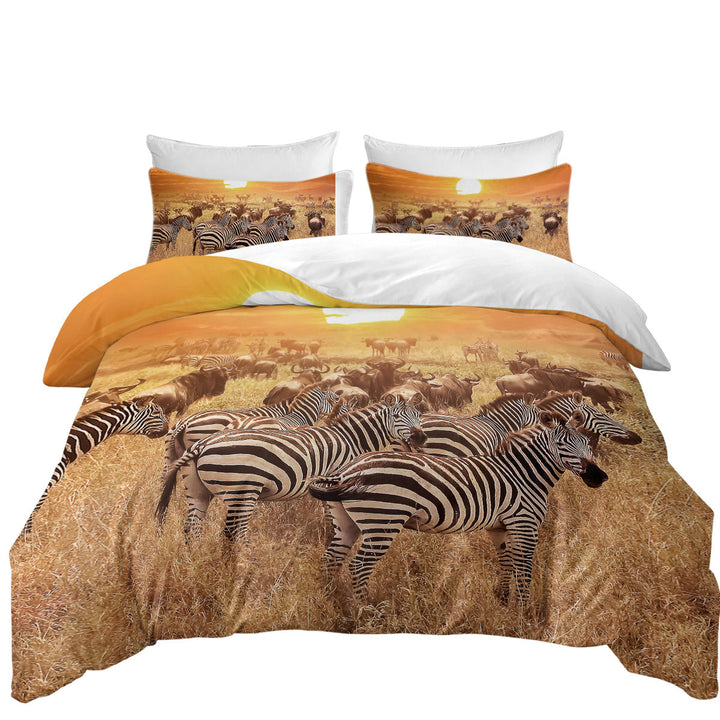 full Size Duvet Cover with Wild Wildebeest and Zebra at Sunset