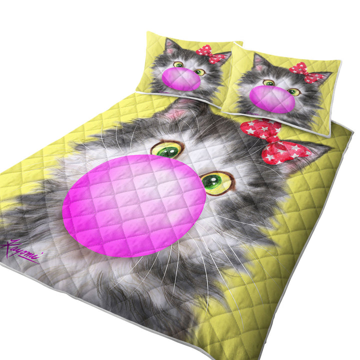 vKing Size Bedspreads with Funny Cat Prints Bubble Gum Girl Kitten