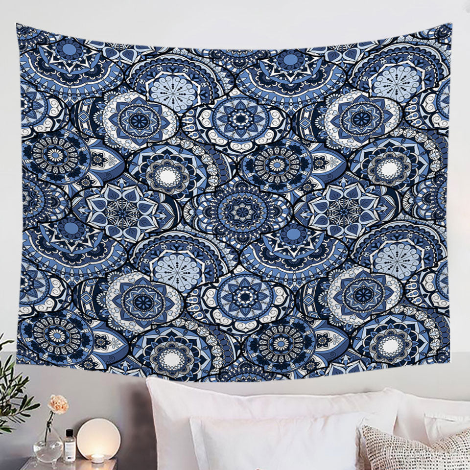 A Pile of Blue Oriental Mandalas Tapestries