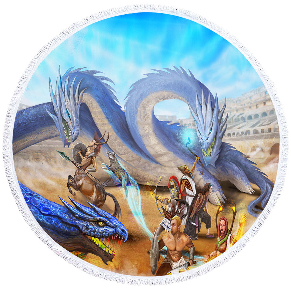 Action Fight Scene Fantasy Art Round Beach Towels for Guys