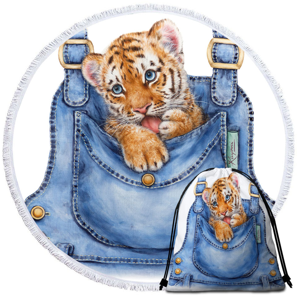 Adorable Animal Painting Tiger Cub Overall Round Beach Towel