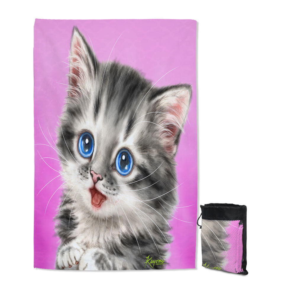 Adorable Beach Towels Painted Cats Baby Blue Eyes Grey Kitty