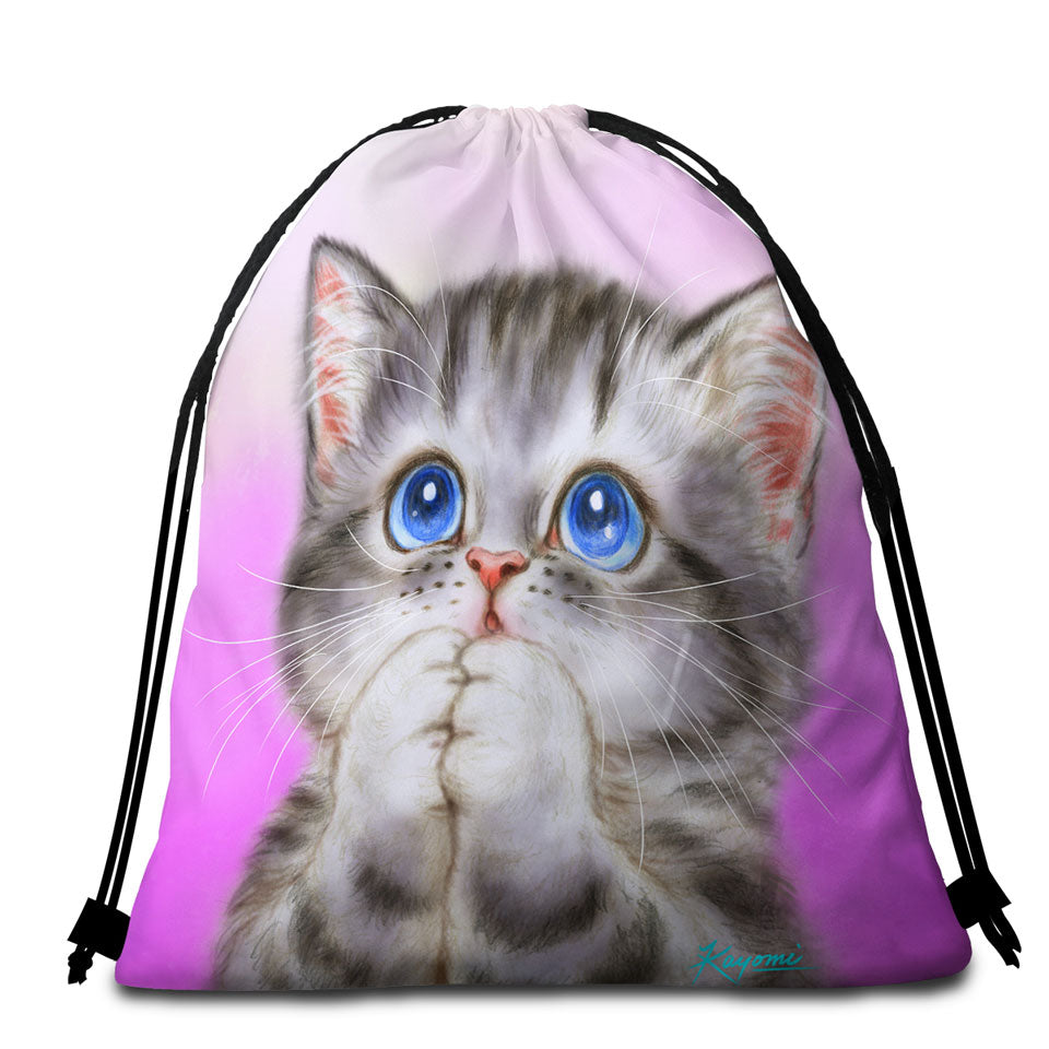 Adorable Beach Towels and Bags Set Kitten Begs for Love Cute Cats Painting
