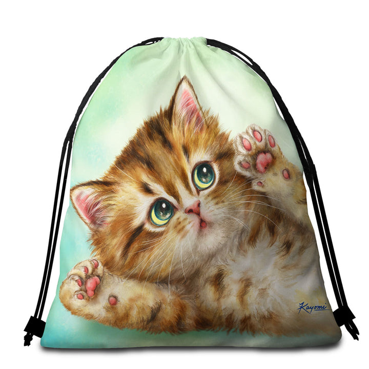 Adorable Beach Towels and Bags Set with Kittens Art Relaxing Kitty Cat