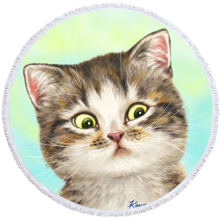 Adorable Cat Round Towel for Kids the Suspicious Kitten