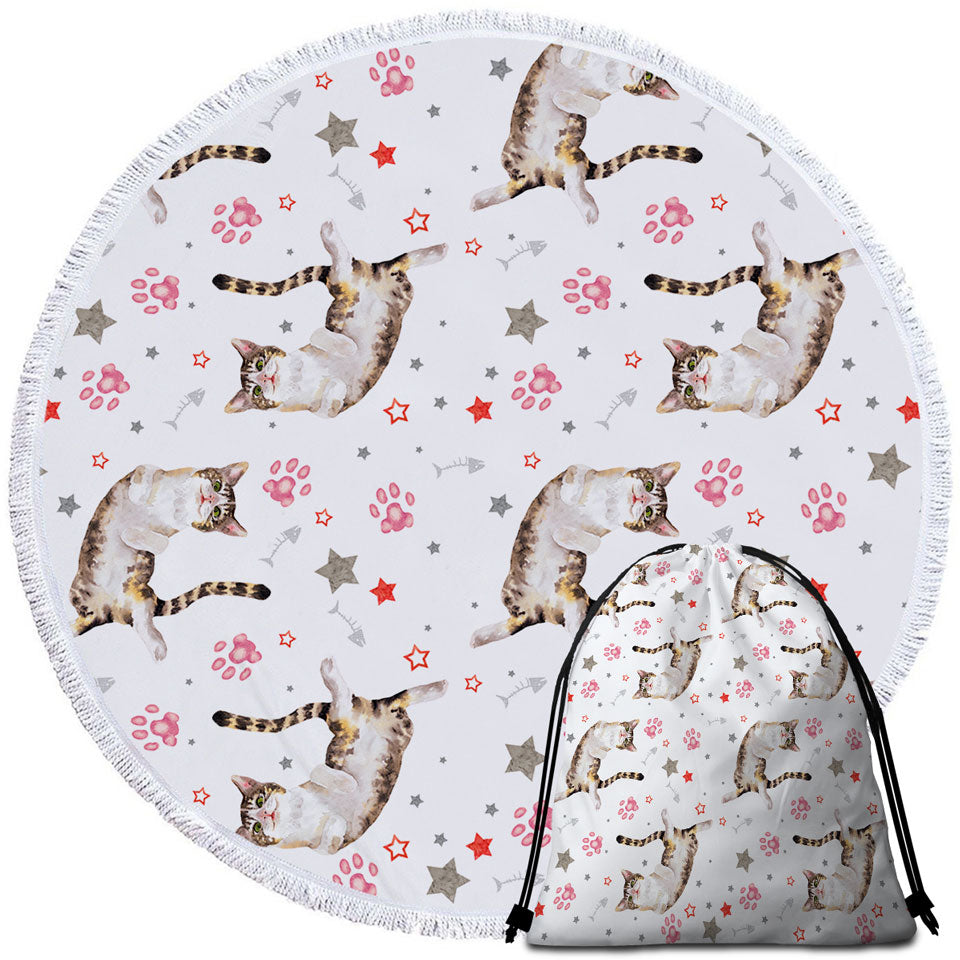 Adorable Cat and Paws Round Beach Towel
