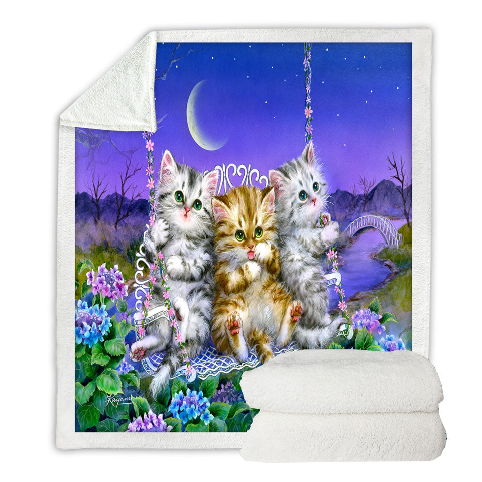 Adorable Cats Art Floral Swing Kittens Lightweight Blankets for Sofa