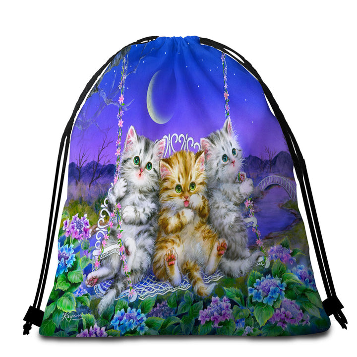 Adorable Cats Art Floral Swing Kittens Packable Beach Towel