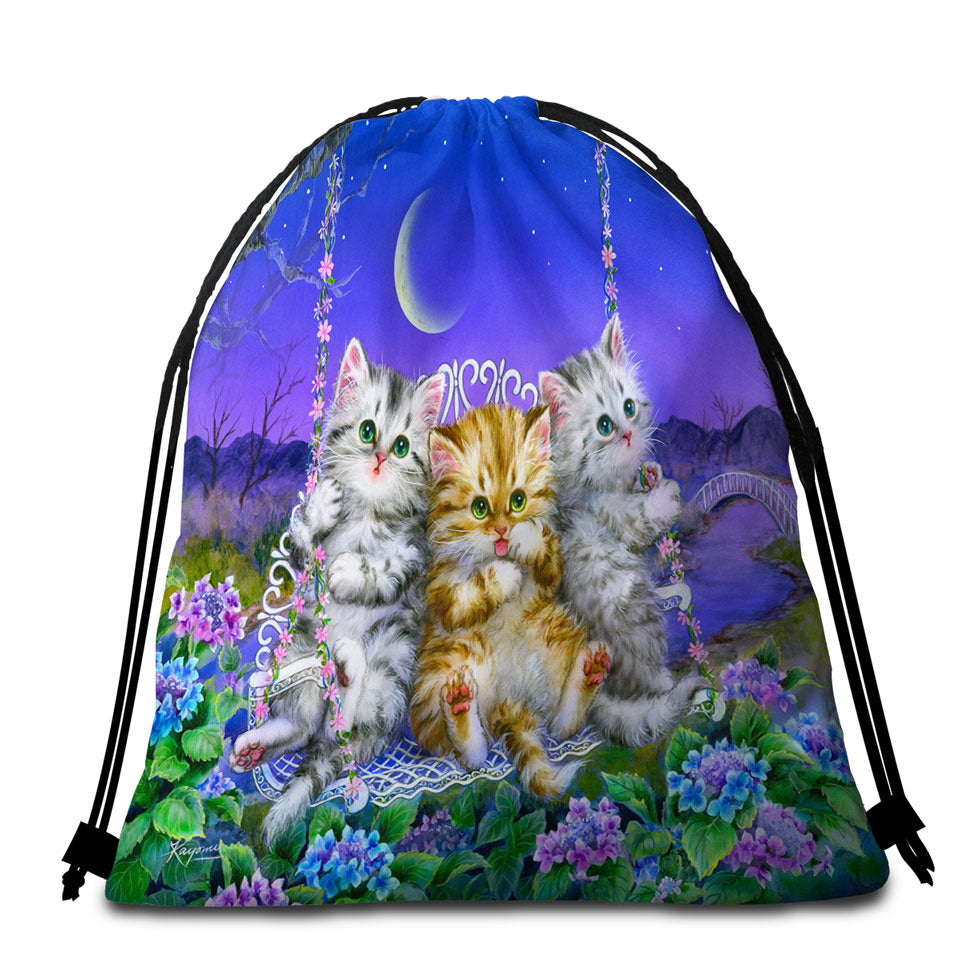 Adorable Cats Art Floral Swing Kittens Packable Beach Towel