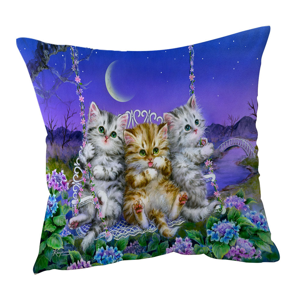 Adorable Cats Art Floral Swing Kittens Throw Pillow