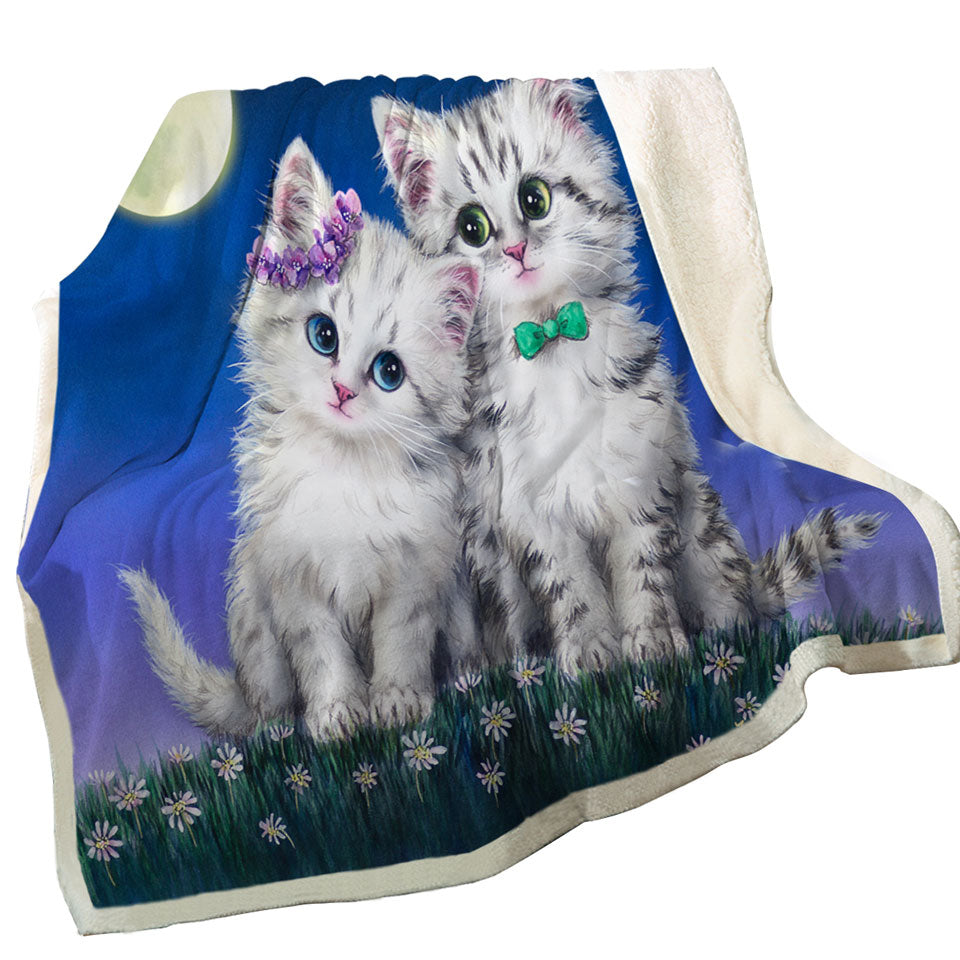 Adorable Cats Art Moon Romance Grey Kittens Fleece Blankets