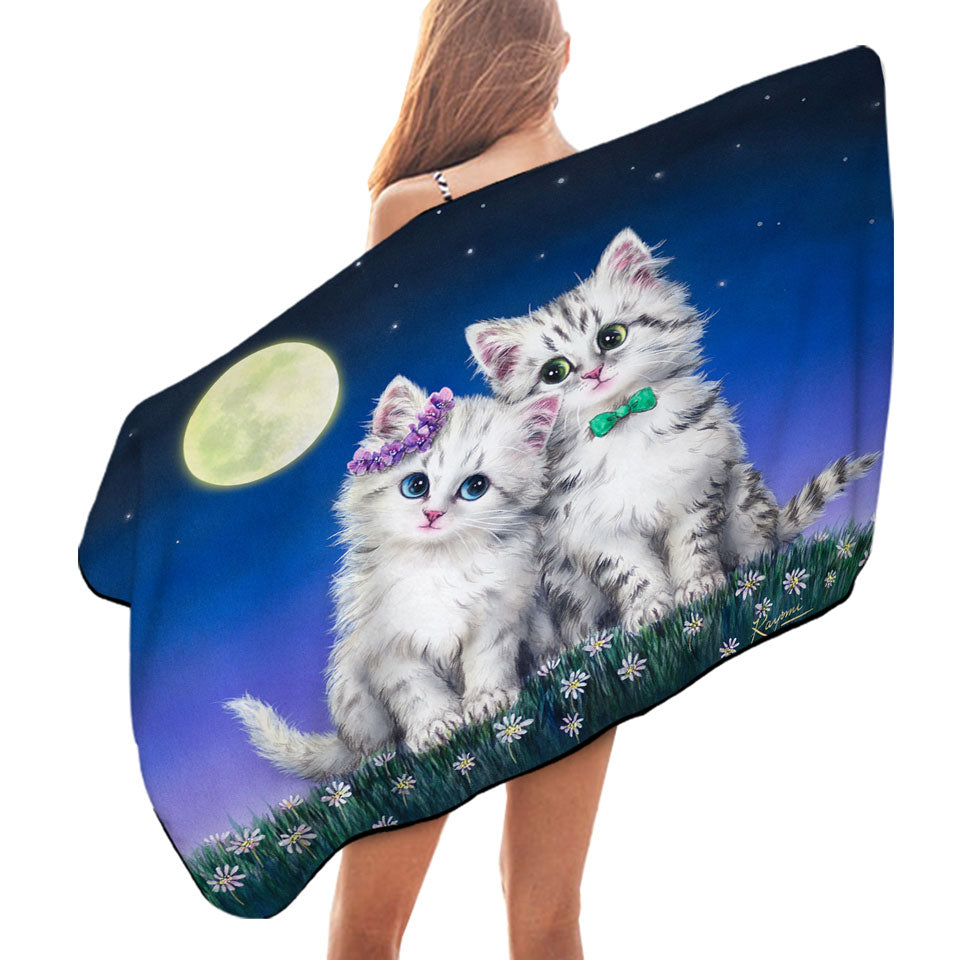Adorable Cats Art Moon Romance Grey Kittens Lightweight Beach Towel