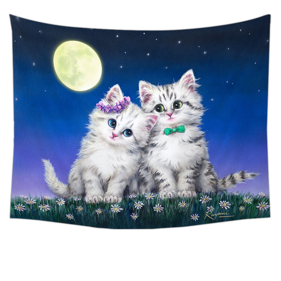 Adorable Cats Art Moon Romance Grey Kittens Tapestry Wall Hanging