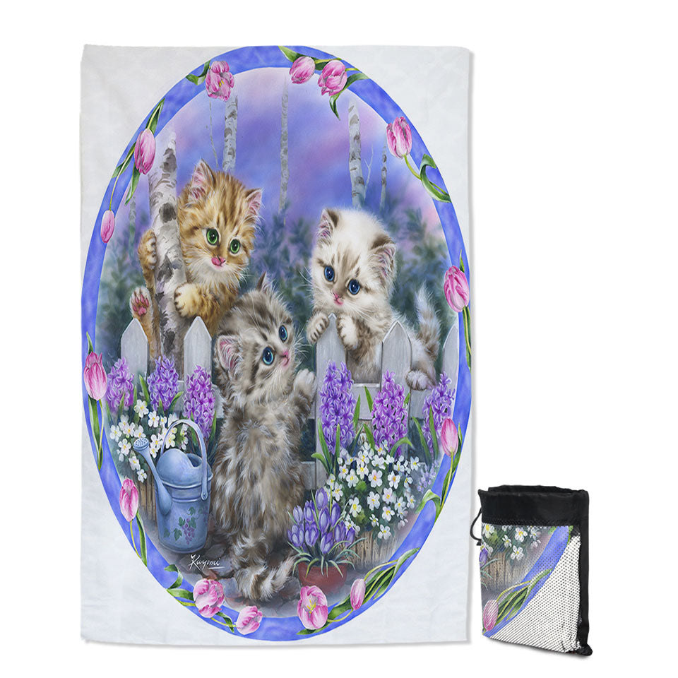 Adorable Cats Drawing Flowers and Kitten Garden Beach Towels