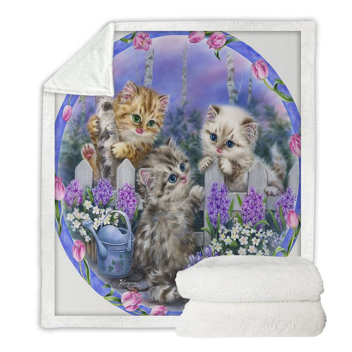 Adorable Cats Drawing Flowers and Kitten Garden Fleece Blankets