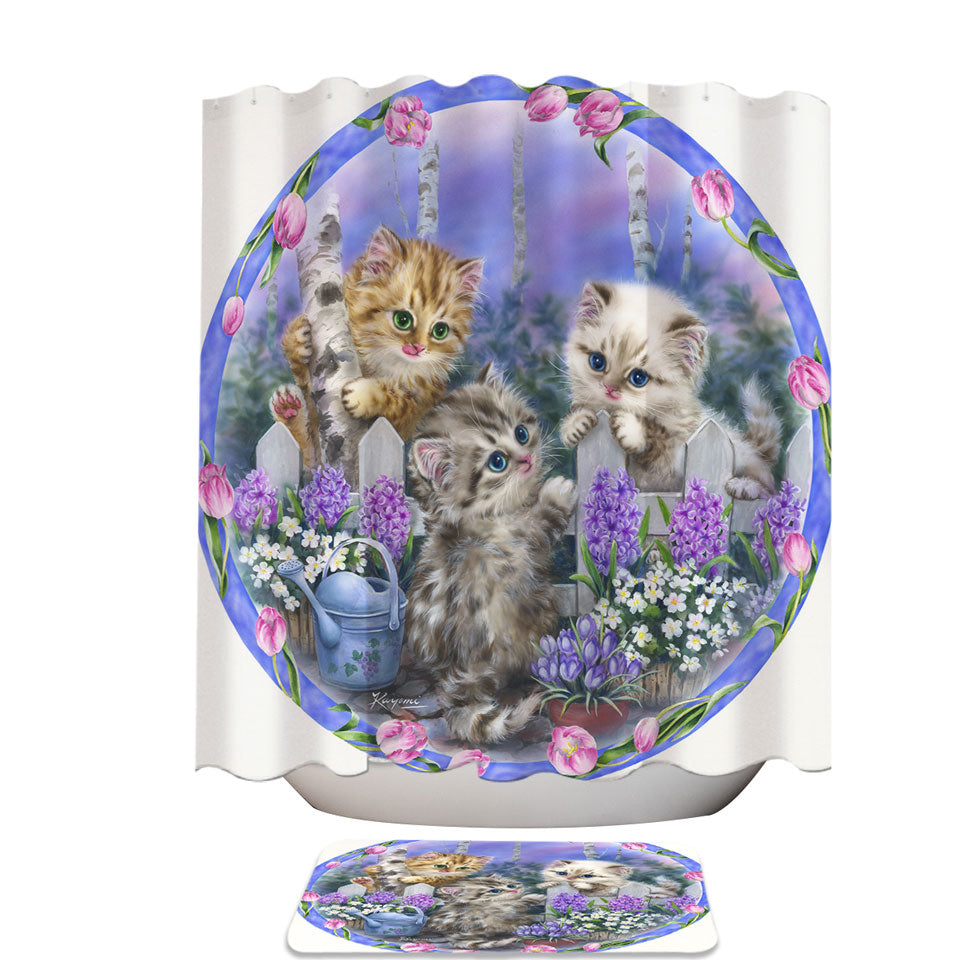 Adorable Cats Drawing Flowers and Kitten Garden Shower Curtain