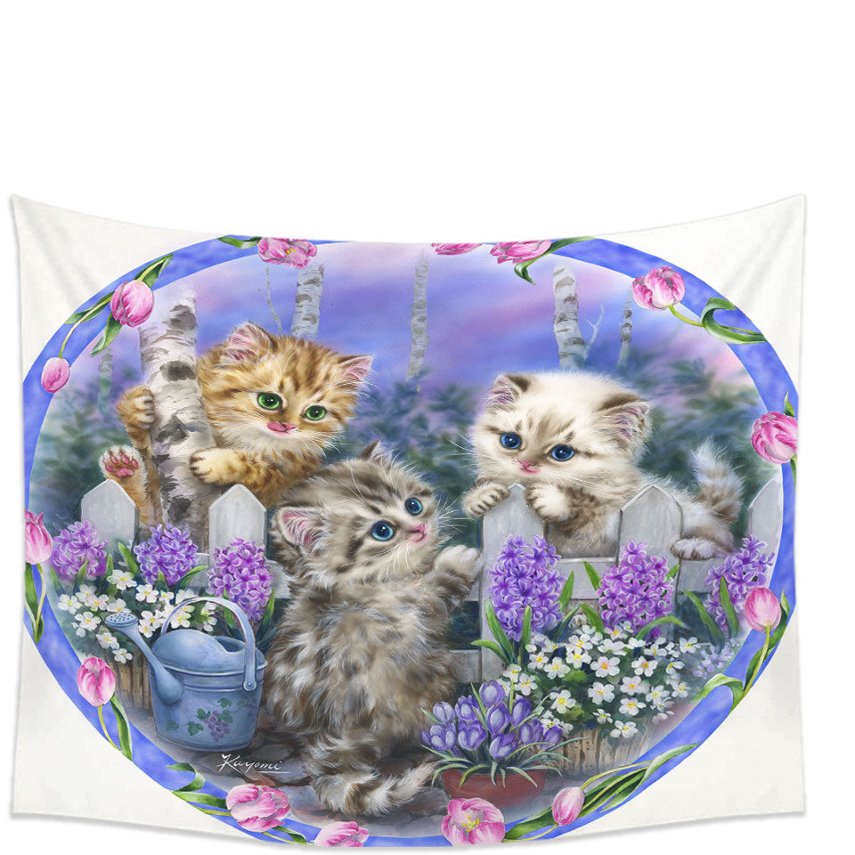 Adorable Cats Drawing Flowers and Kitten Garden Tapestry Wall Print