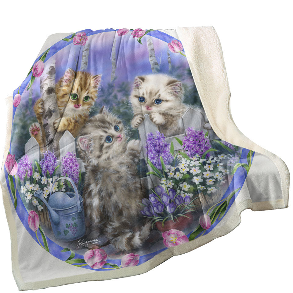 Adorable Cats Drawing Flowers and Kitten Garden Throw Blanket