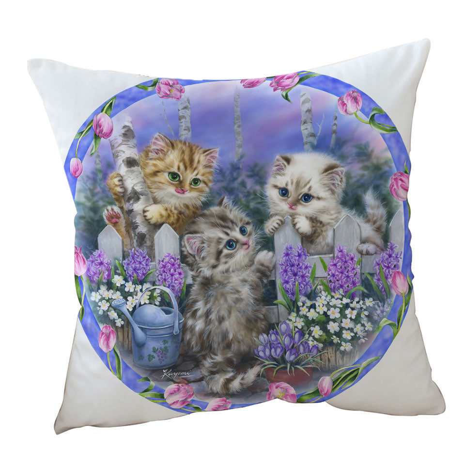 Adorable Cats Drawing Flowers and Kitten Garden Throw Pillow