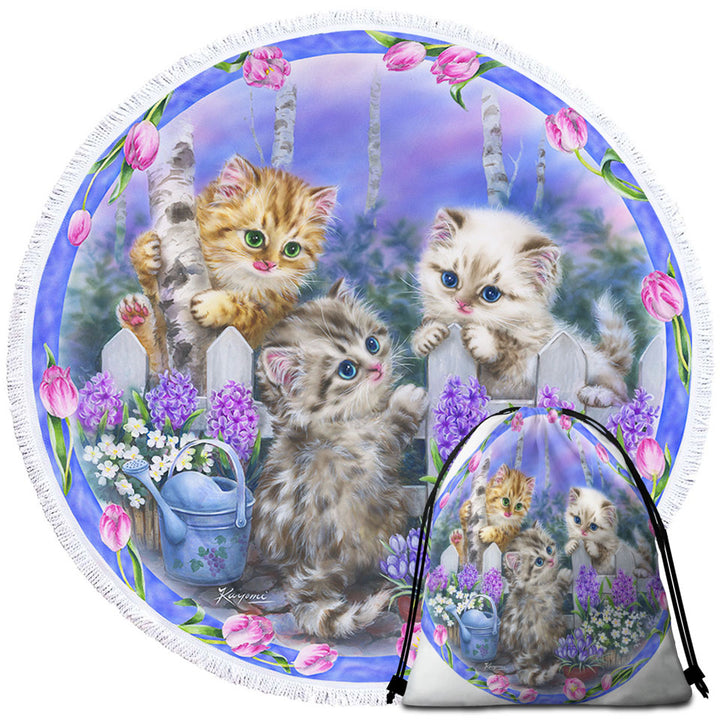 Adorable Cats Drawing Flowers and Kitten Garden Travel Beach Towel