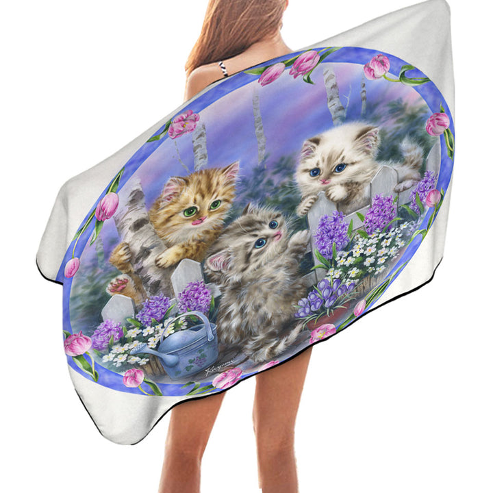 Adorable Cats Drawing Flowers and Kitten Garden Unique Beach Towels