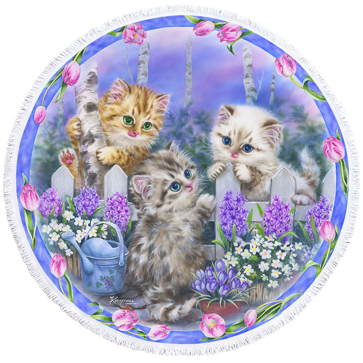 Adorable Cats Drawing Flowers and Kitten Garden Unusual Beach Towels