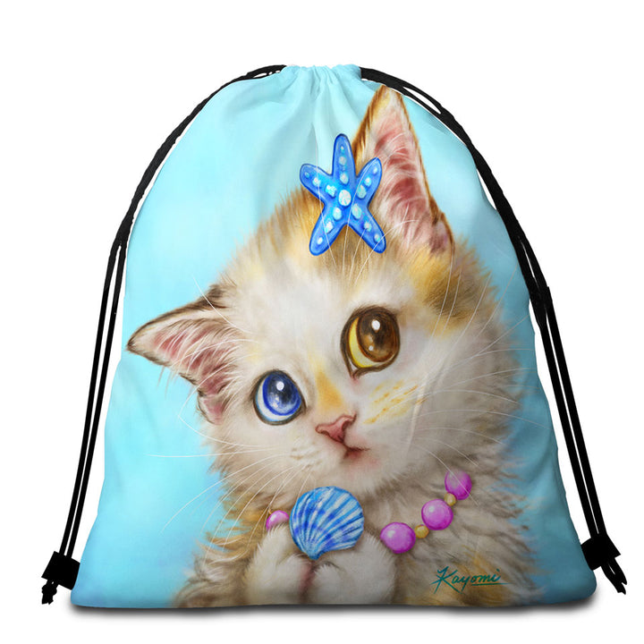 Adorable Cats Drawings Seashells Girly Kitten Beach Bags and Towels