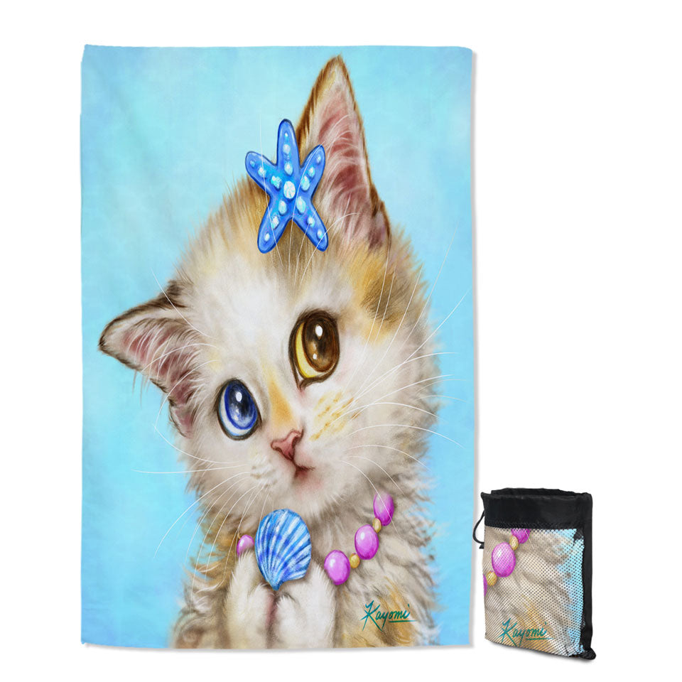 Adorable Cats Drawings Seashells Girly Kitten Microfiber Beach Towel