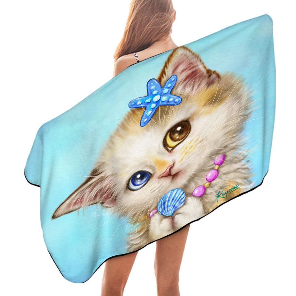 Adorable Cats Drawings Seashells Girly Kitten Swims Towel for the Beach