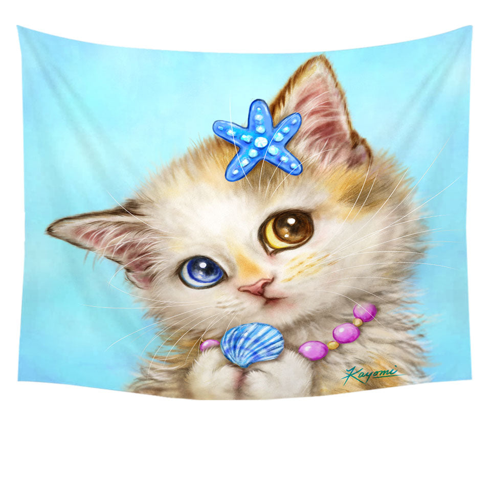 Adorable Cats Drawings Seashells Girly Kitten Tapestry Wall Hanging