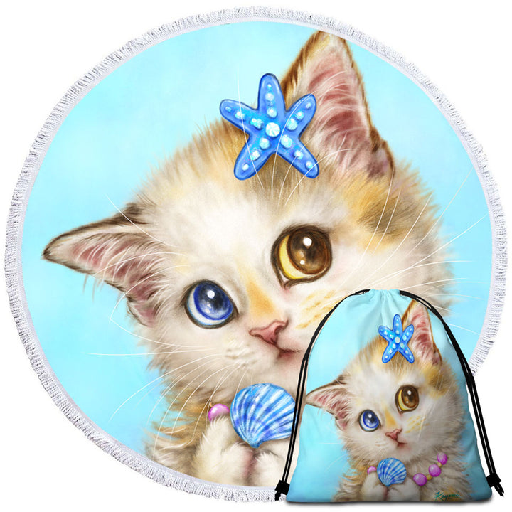 Adorable Cats Drawings Seashells Girly Kitten Travel Beach Towel