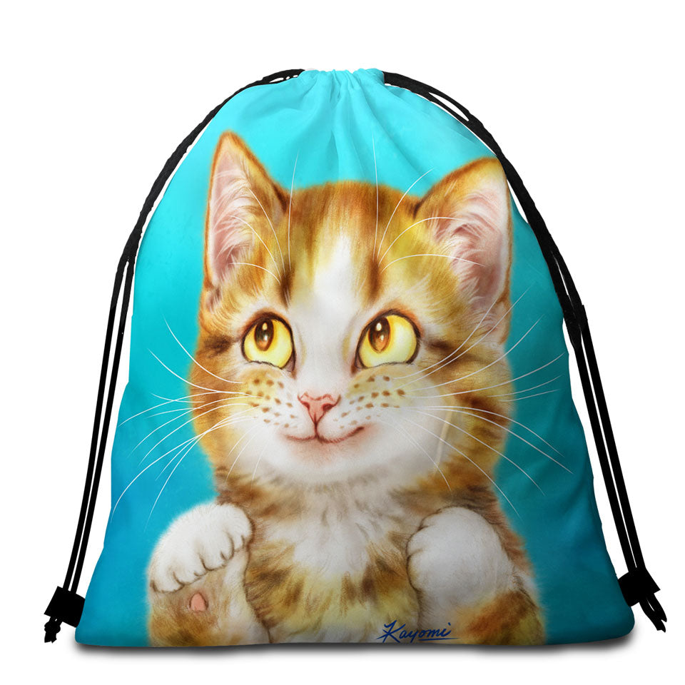 Adorable Childrens Beach Towel Bags Smiling Tiger Tabby Kitty Cat