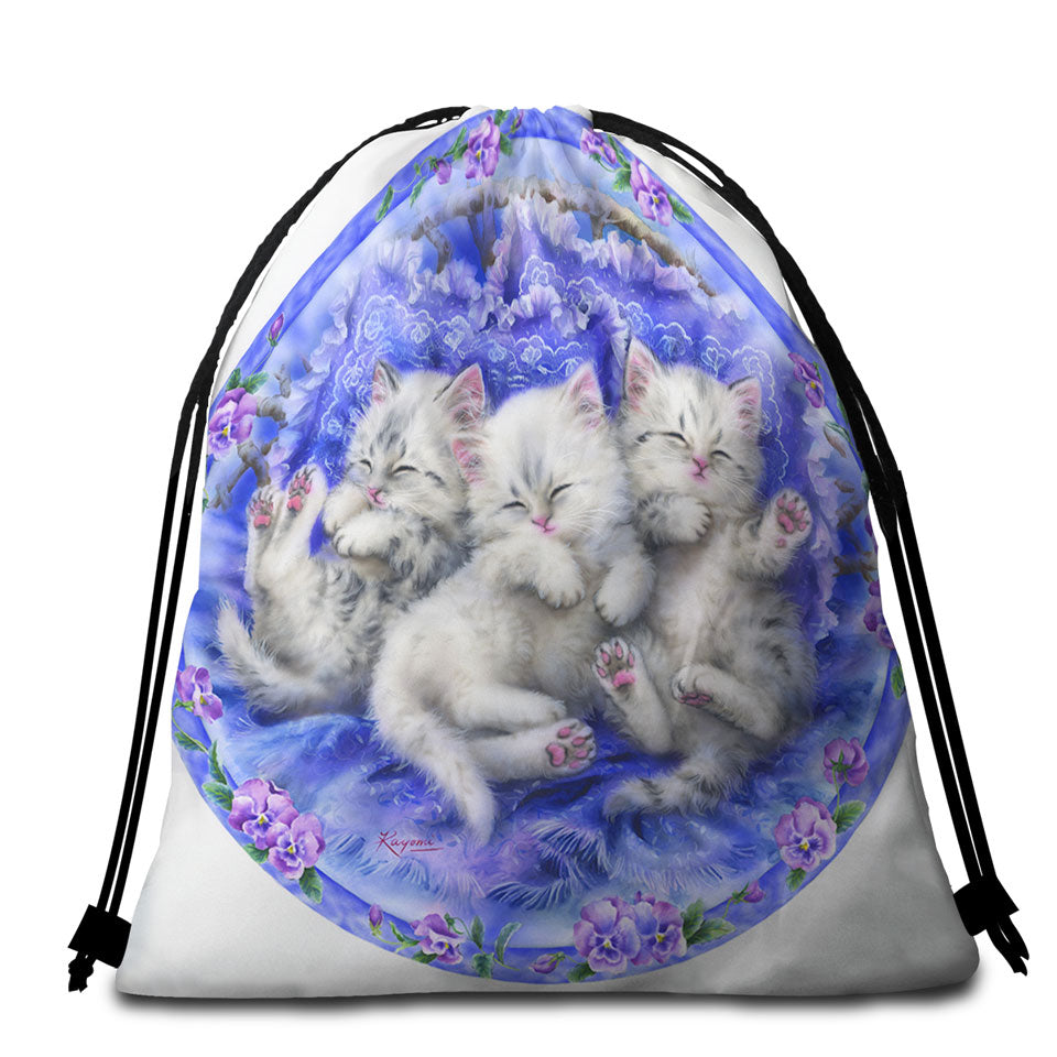 Adorable Cute Three White Kittens on Purple Beach Towel Bags