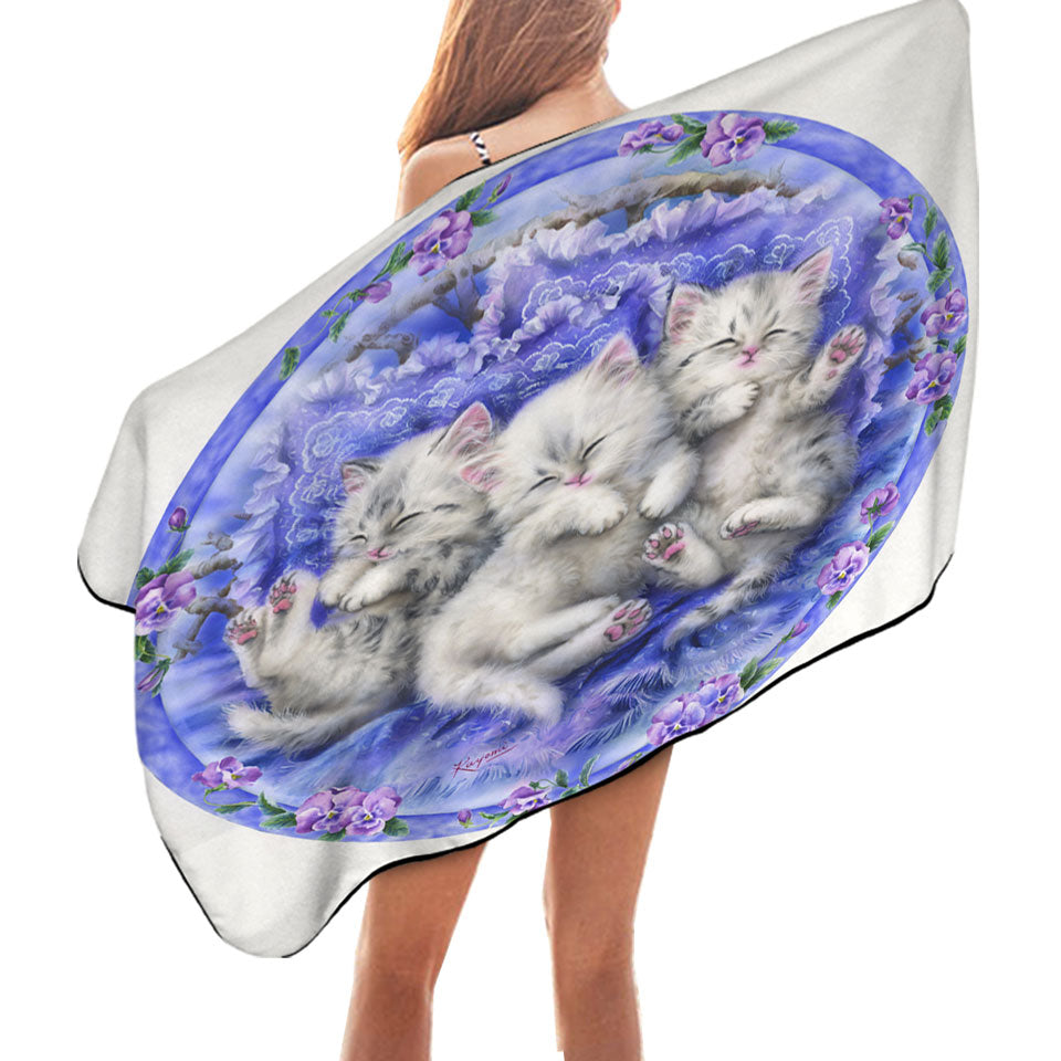 Adorable Cute Three White Kittens on Purple Beach Towel