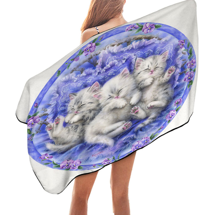 Adorable Cute Three White Kittens on Purple Beach Towel