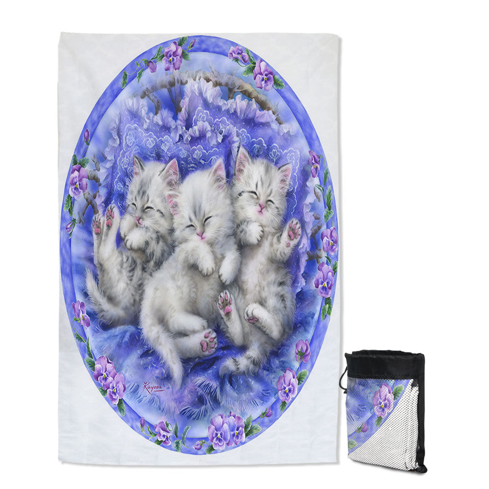 Adorable Cute Three White Kittens on Purple Lightweight Beach Towel