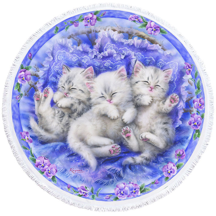 Adorable Cute Three White Kittens on Purple Microfiber Beach Towel